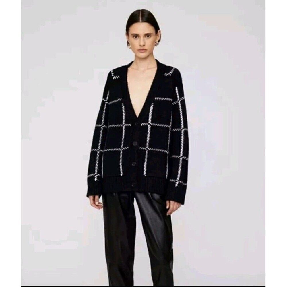 Anine Bing Kurt Black White Plaid Cardigan Merino Wool Blend Size L